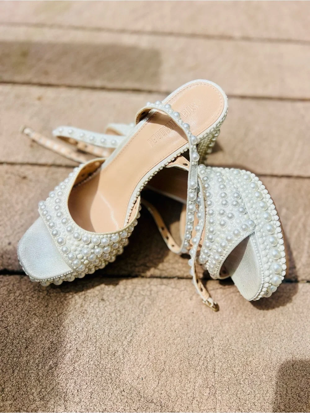 Steve Madden White Pearl-Embellished Platform Sandals